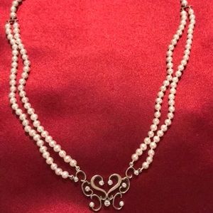 ESTATE 14K WHITE GOLD, PEARL AND DIAMOND NECKLACE